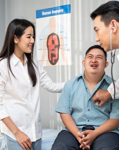 A clinician examining a young man with a caregiver beside him